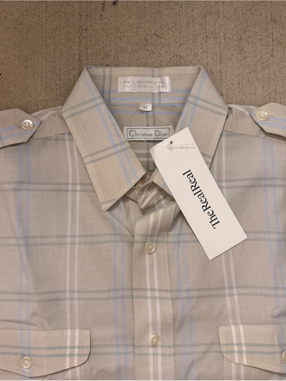 Dior Men’s Beige Plaid Button-Down Shirt with Light Blue Stripes